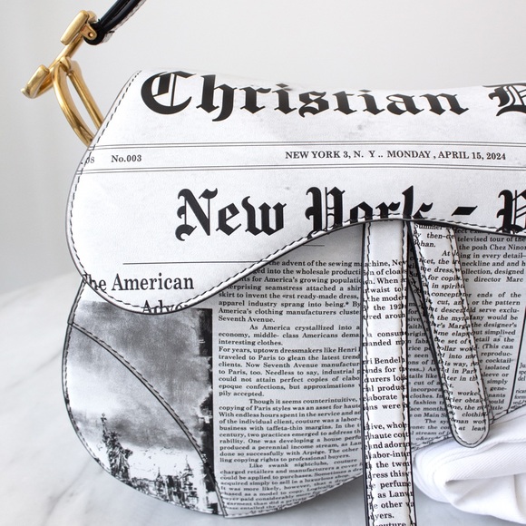 Rare Christian Dior 2024 Newspaper Print White Black Calfskin Saddle Bag - Picture 5 of 16